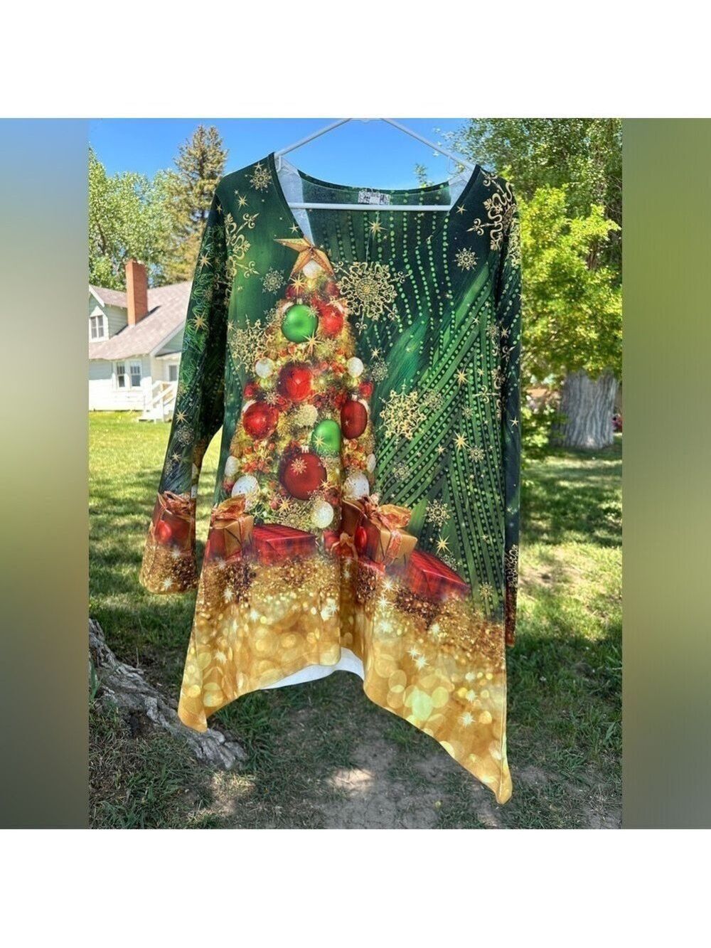 One World Womens Petite XL BEAUTIFUL Christmas Tree Tunic Scoop Neck Multicolor